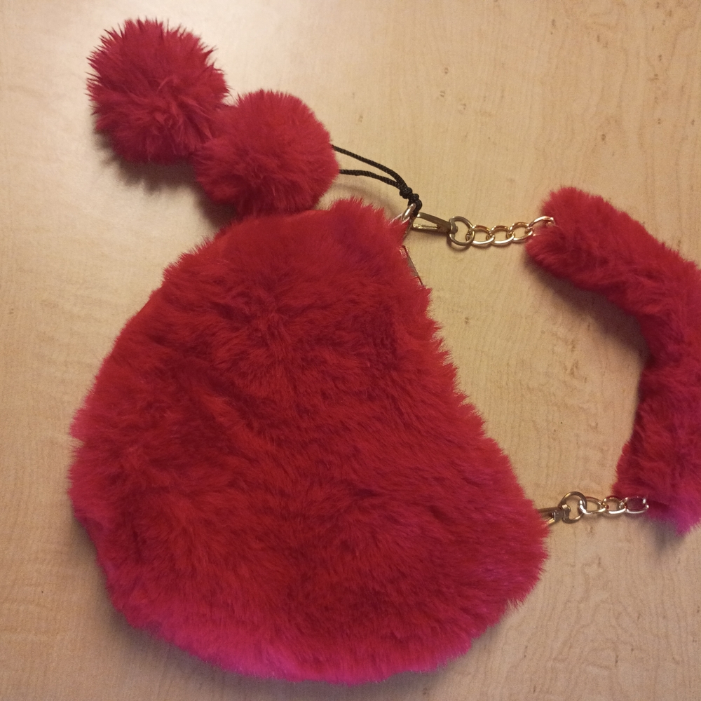 Vibrant Red Faux Fur Bag with Pom Pom